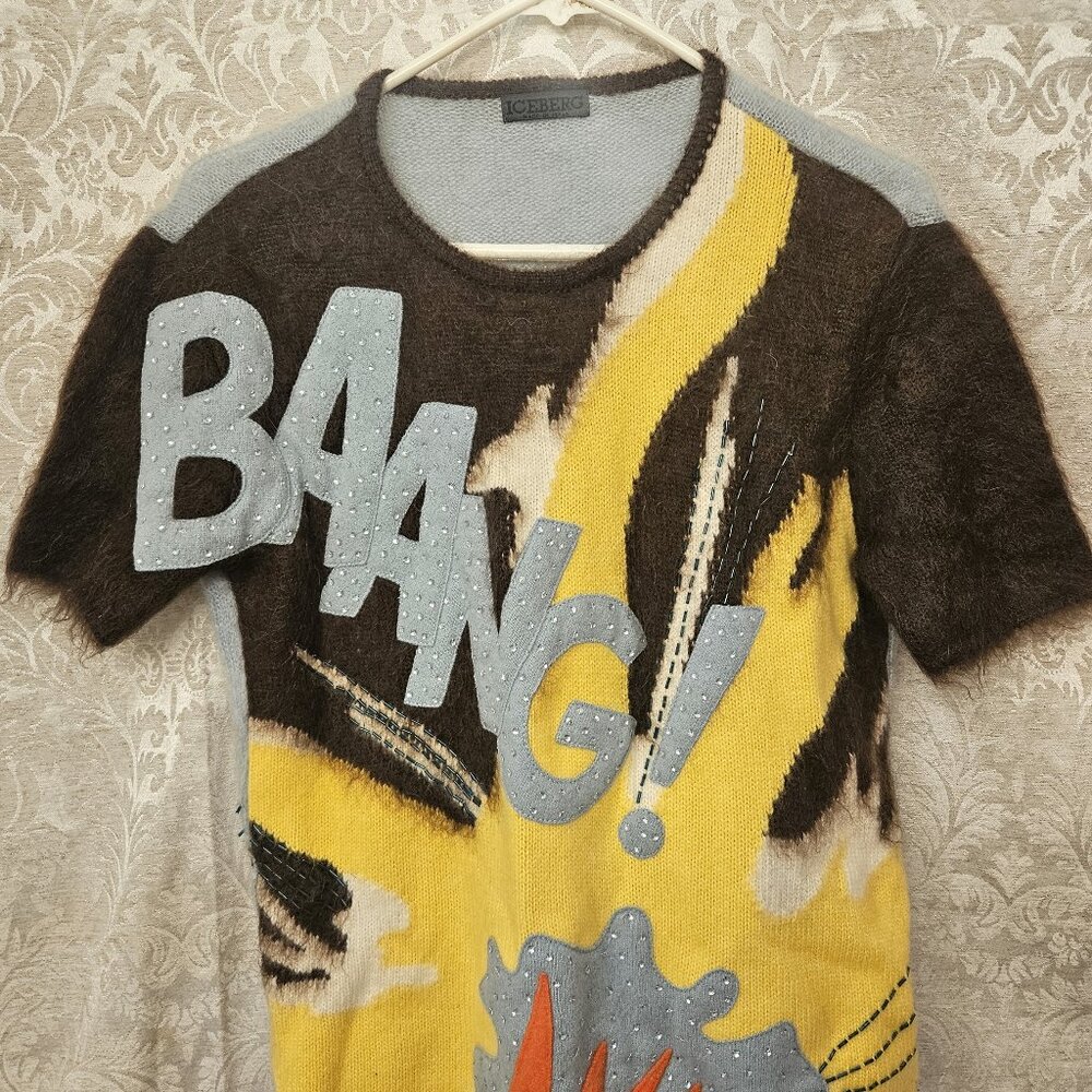 Iceberg "Baang!" pop art comic wool/angora Italy short slv sweater sz small/med